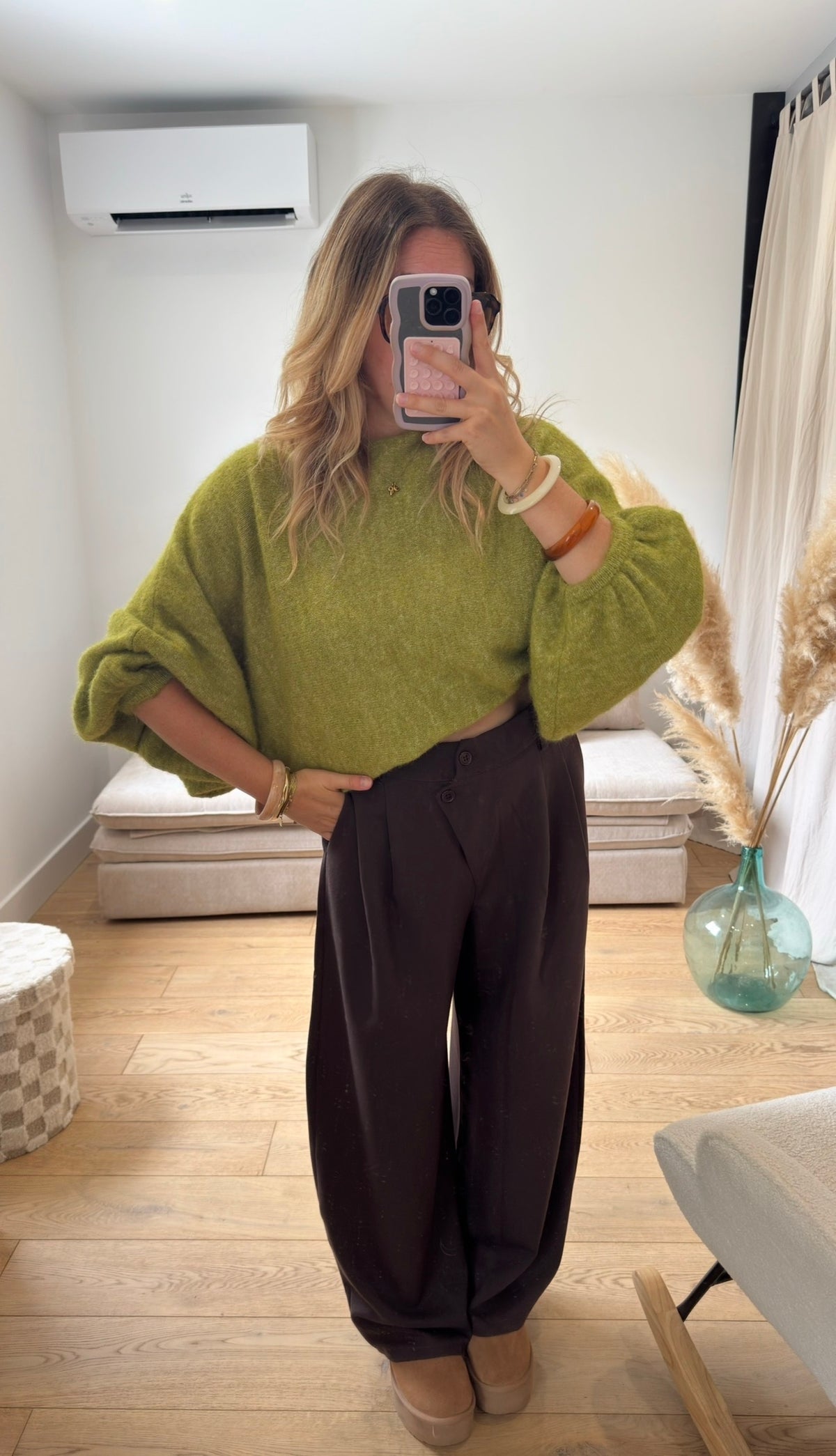 STELLA - pull oversize à manches ballon olive
