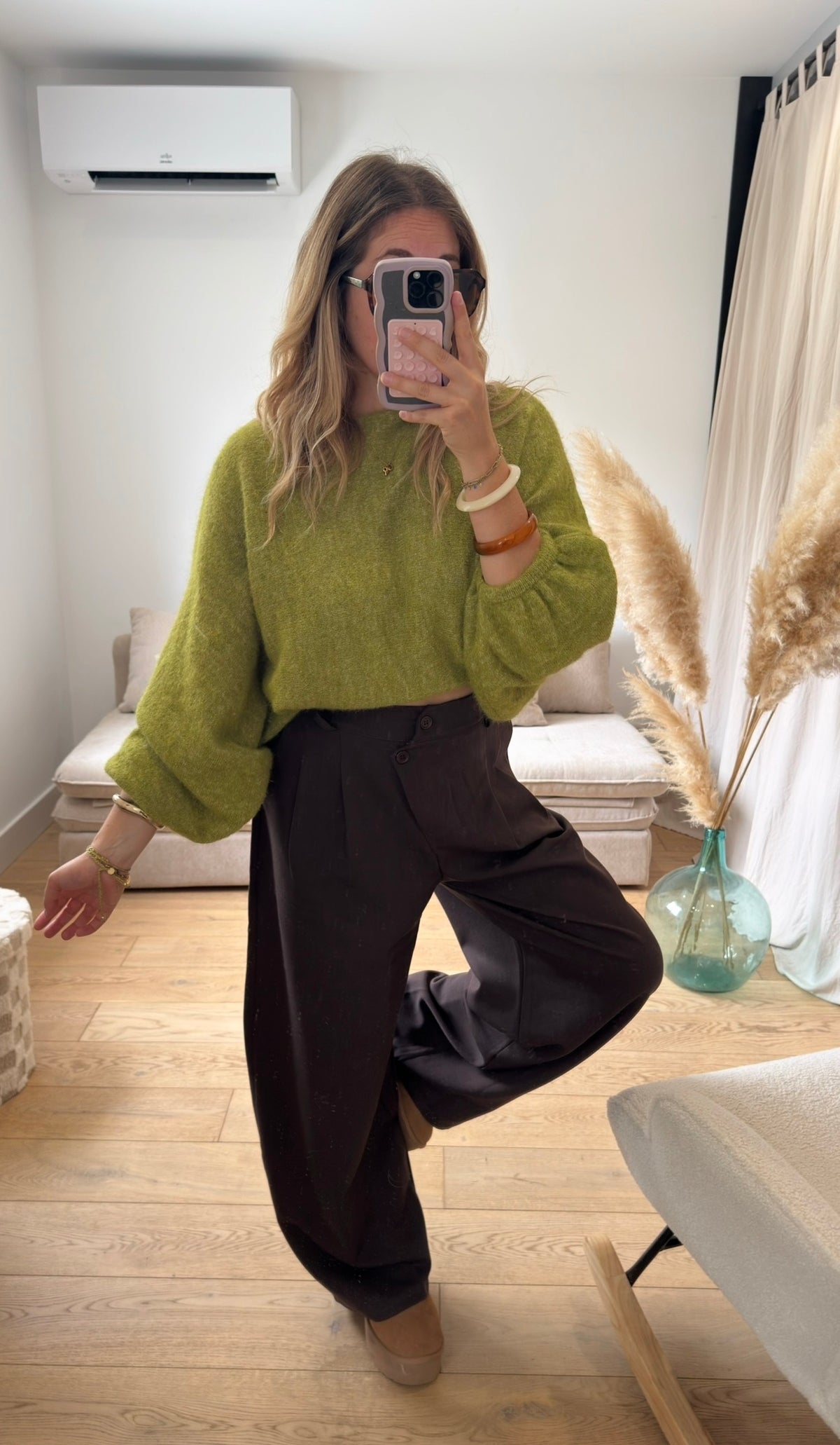 STELLA - pull oversize à manches ballon olive